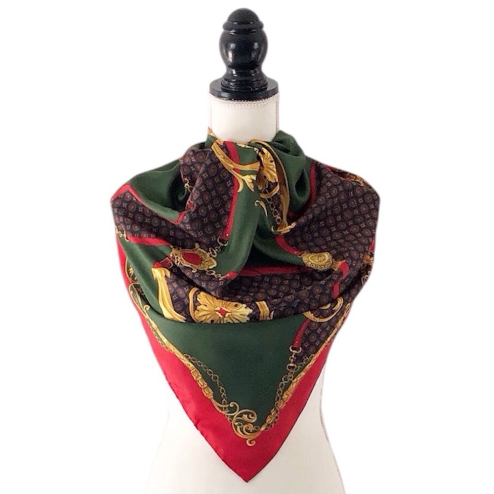 Vintage Women’s Red, Green, Navy & Gold Horsebit Pattern Scarf - 30” Square